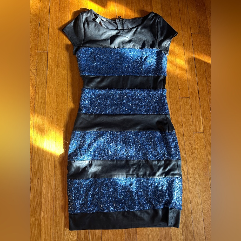 Bebe Sequin and Faux Leather Body Con Dress, Size XS